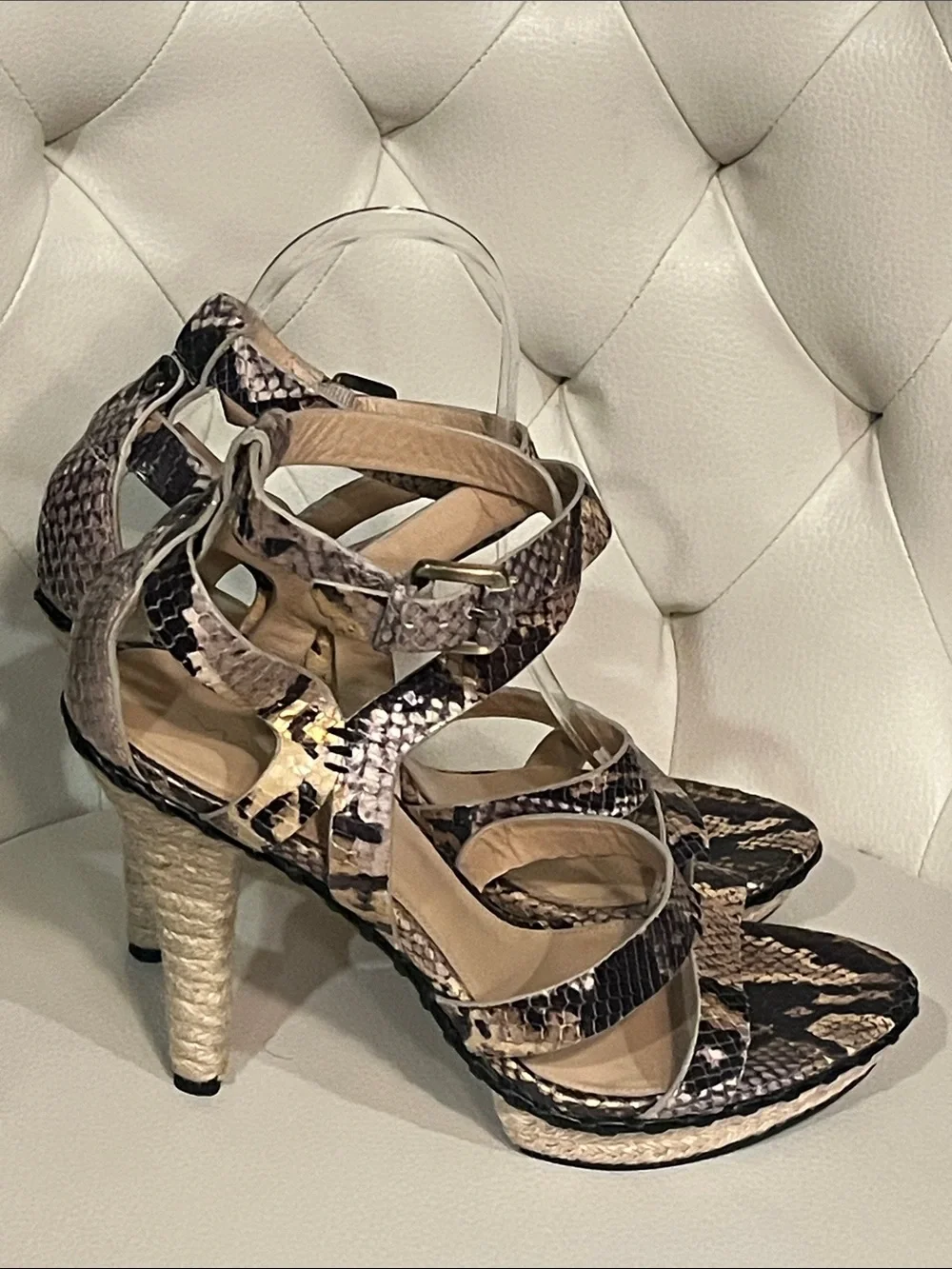 Via Spiga Snake-Print Brown Strappy High Heel Sandals Espadrille design Size 8